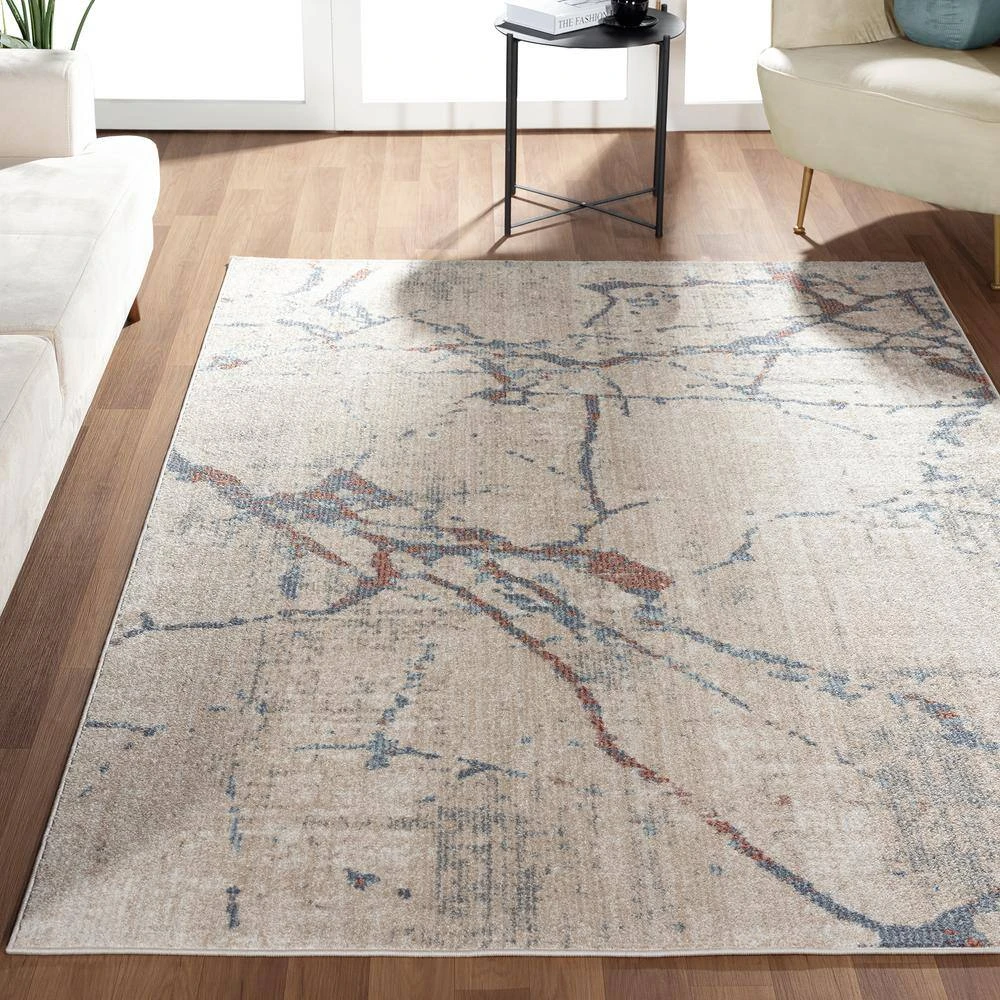 Milas Beige 5 ft. 3 ft. x 7 ft. 6 in. Abstract Polypropylene Area Rug by Abani - Image 3